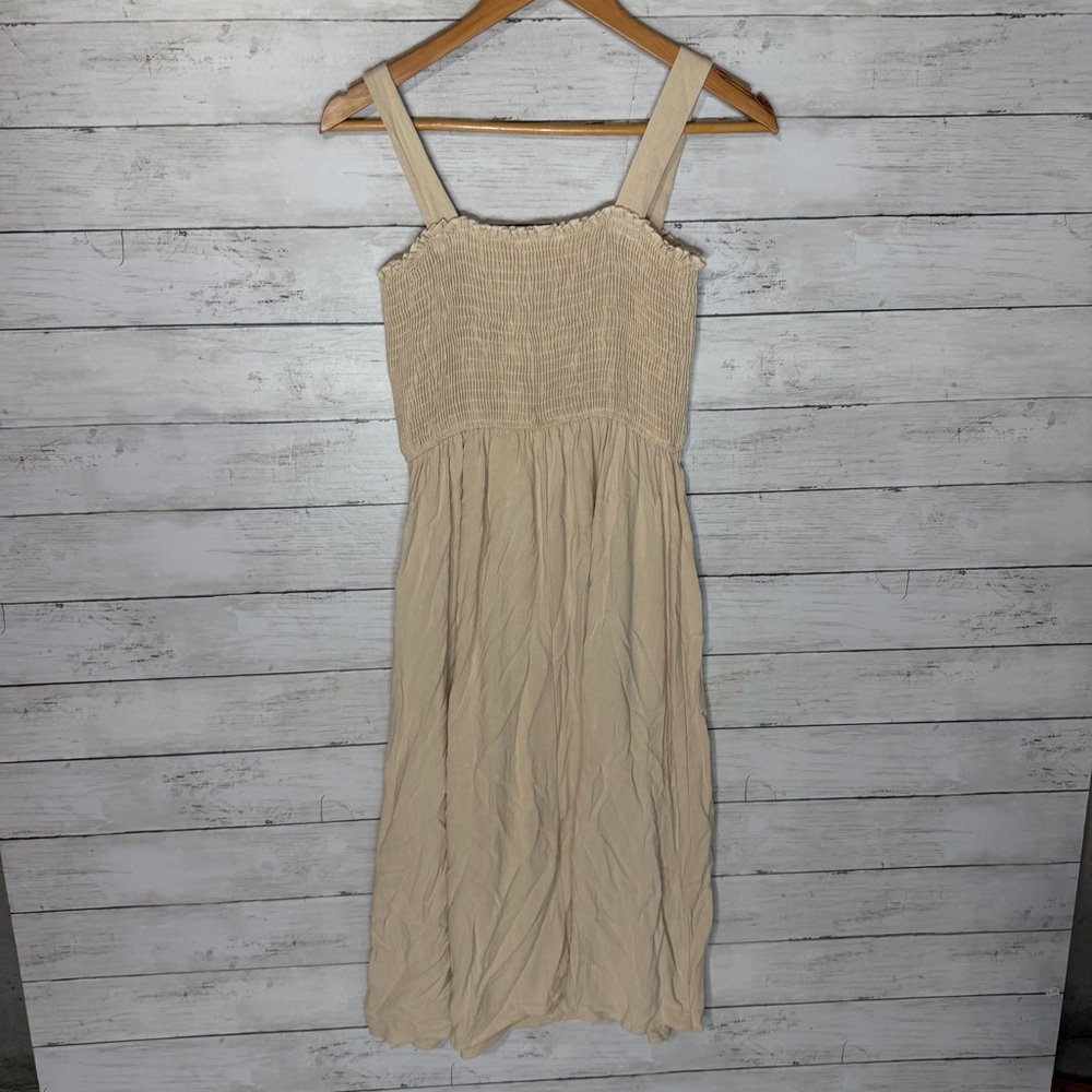 Ava James Beige Smocked Button-Front Linen Blend Midi Sundress Small Cream Tan - Picture 6 of 7